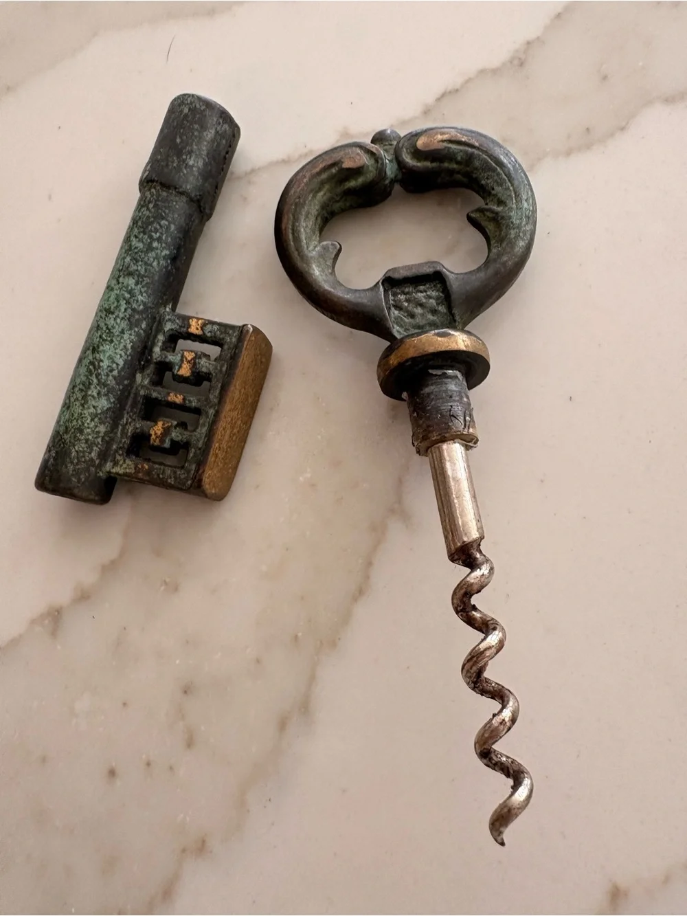 Antique-Style Decorative Brass Skeleton Key bottle opener and corkscrew